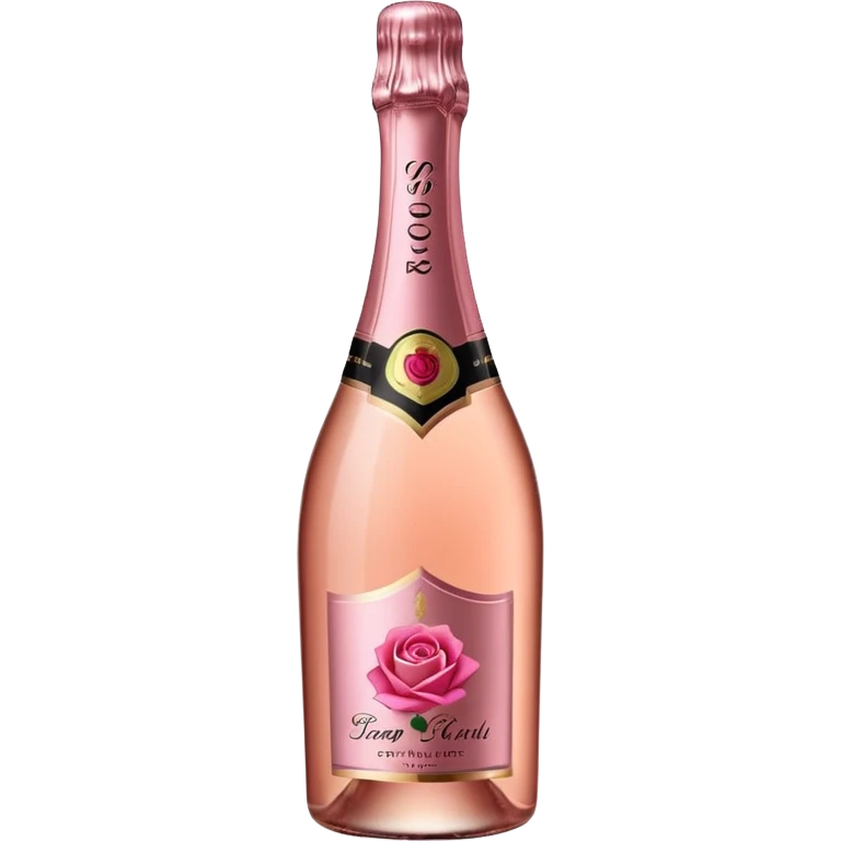 bottle of sparkling rosé champagne with a rose logo on the label, tilted up and to the right, no glass emoji