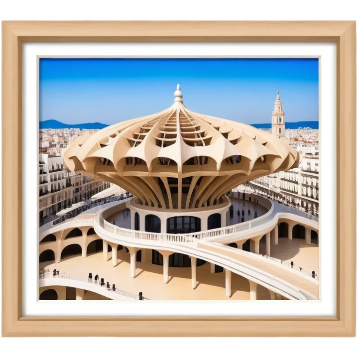 Cinematic Realistic Metropol Parasol Landmark Emoji, depicted with a modern wooden structure set against a vibrant cityscape rendered with detailed textures and dynamic, contemporary lighting. emoji