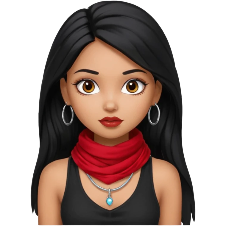 a pretty bratz dusky girl with long black hair, kajal under eyes, small silver hoop. black tank top on. Red scarf around neck emoji