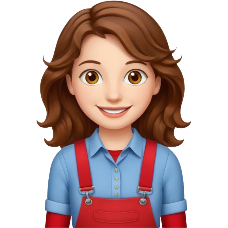 Woman with wavy brown hair and hazel eyes wearing red trouser braces. emoji