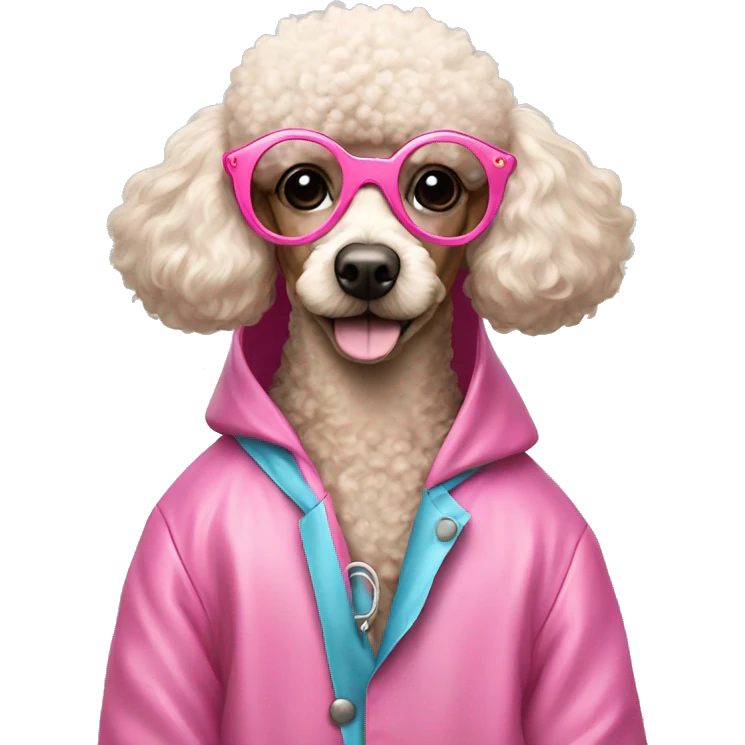 Poodle wearing a pink raincoat and heart shaped glasses emoji