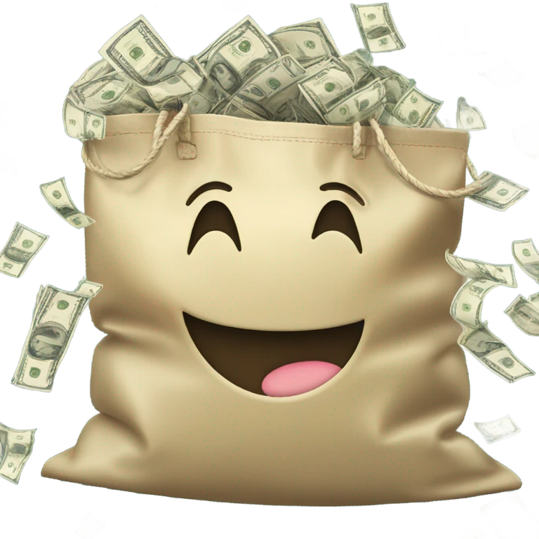 A smiley crying with laughter while holding a bag of money, symbolizing unexpected success. emoji