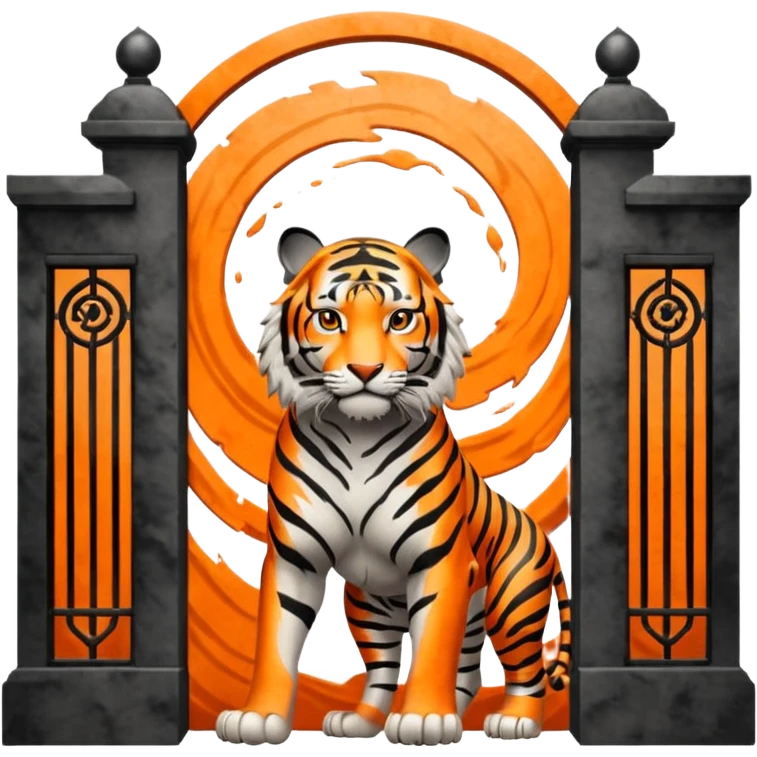 Traditional Chinese ink painting style emoji. A powerful tiger (like the ancient character 虎), standing guard in front of mystical gates (門). Energy swirls around him like a vortex (🌀). Minimalist, transparent background, 512x512 pixels. emoji