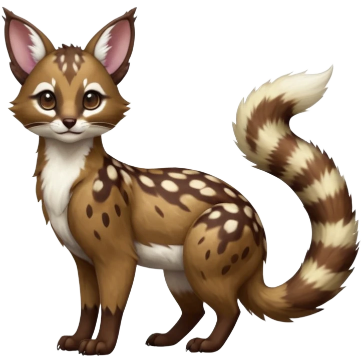 Colorful dark realistic chocolate-brown tropical beige fur glorious divine exotic cute cool beautiful shiny beautiful fantasy-Furret-Eevee-caracal-civet-genet-sergal-vernid-Cacomistle-oncilla-animal-Fakémon-hybrid-fursona with white deer-spots pattern markings (full body) emoji