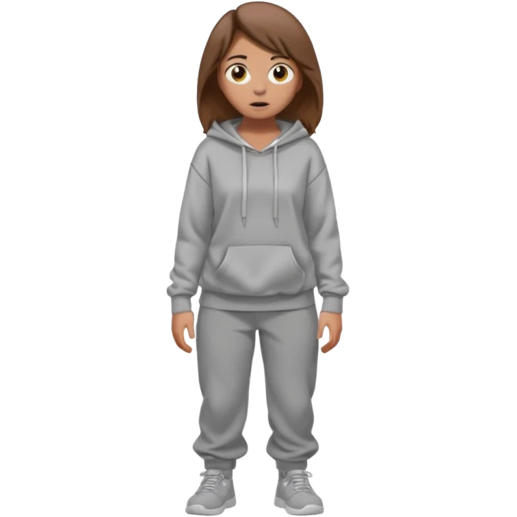 Chica grande  asustada de cuerpo completo mirado a la izquierda con pelo castaño pantalones baggy  grises y hoodie gris  emoji