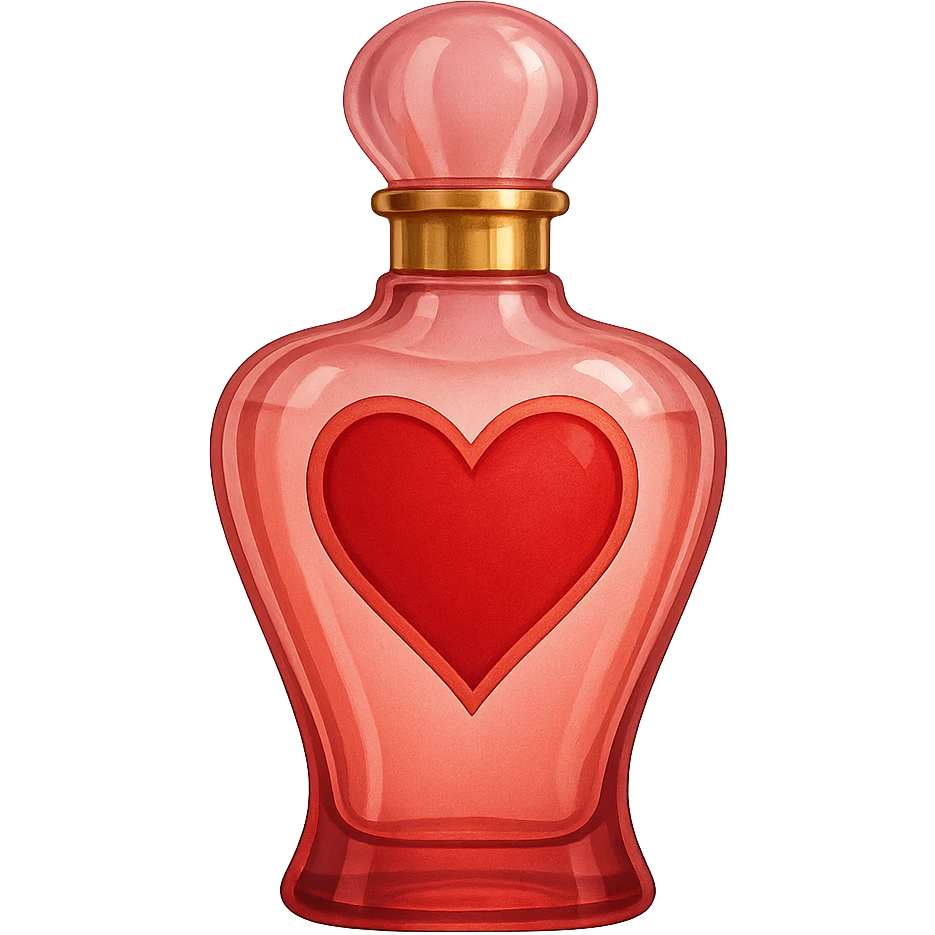 love-themed perfume bottle with heart motif emoji