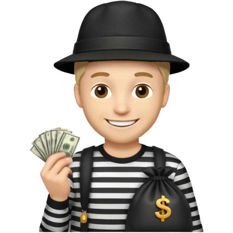 robber with 4 lines of black and white striped shirt and he has a money bag in his hand and a robber hat and he is smiling and he is white emoji