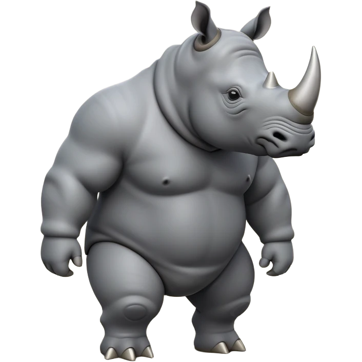 cinematic-rhino-full-body-standing-emoji,slate grey skin -massive-body-poised-powerfully,-thick-horn-curving-slightly-forward,-head-tilted-dramatically,-rough-grey-hide-covered-in-dust,-simplified-focused-features, emoji