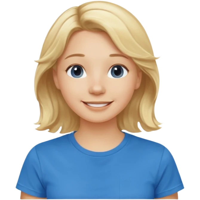 Happy blond girl with light weavy hair with a blue shirt but we can see only her face and neck and the top of the t shirt, no whole body emoji