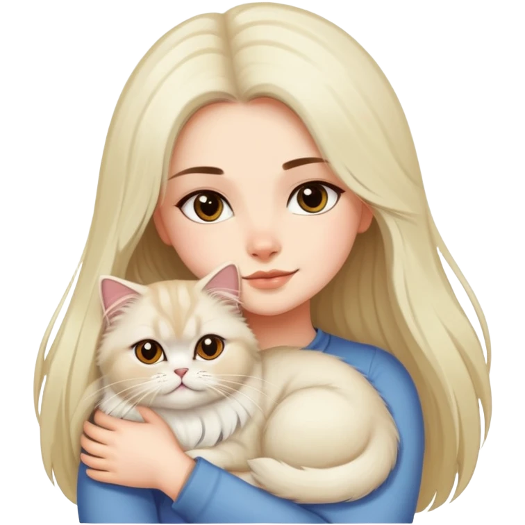 A pretty girl with long dark hair is hugging her light hair persian cat. emoji