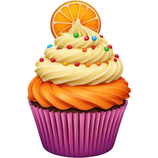 cupcake with orange frosting and a candy slice emoji