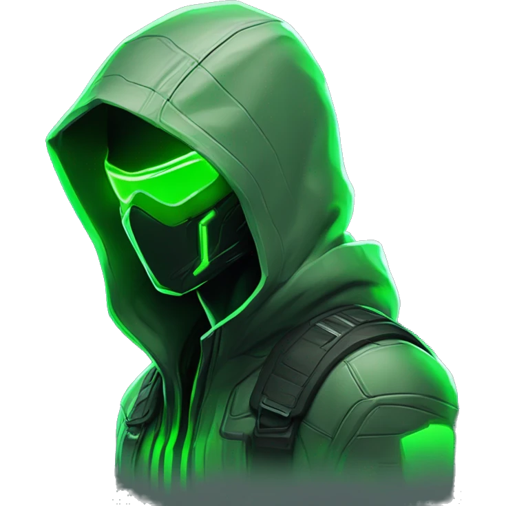 Side view developer behind his laptop with this style : crysis Cyberpunk Valorant neon glowing bright green character green black hooded assassin themed character emoji