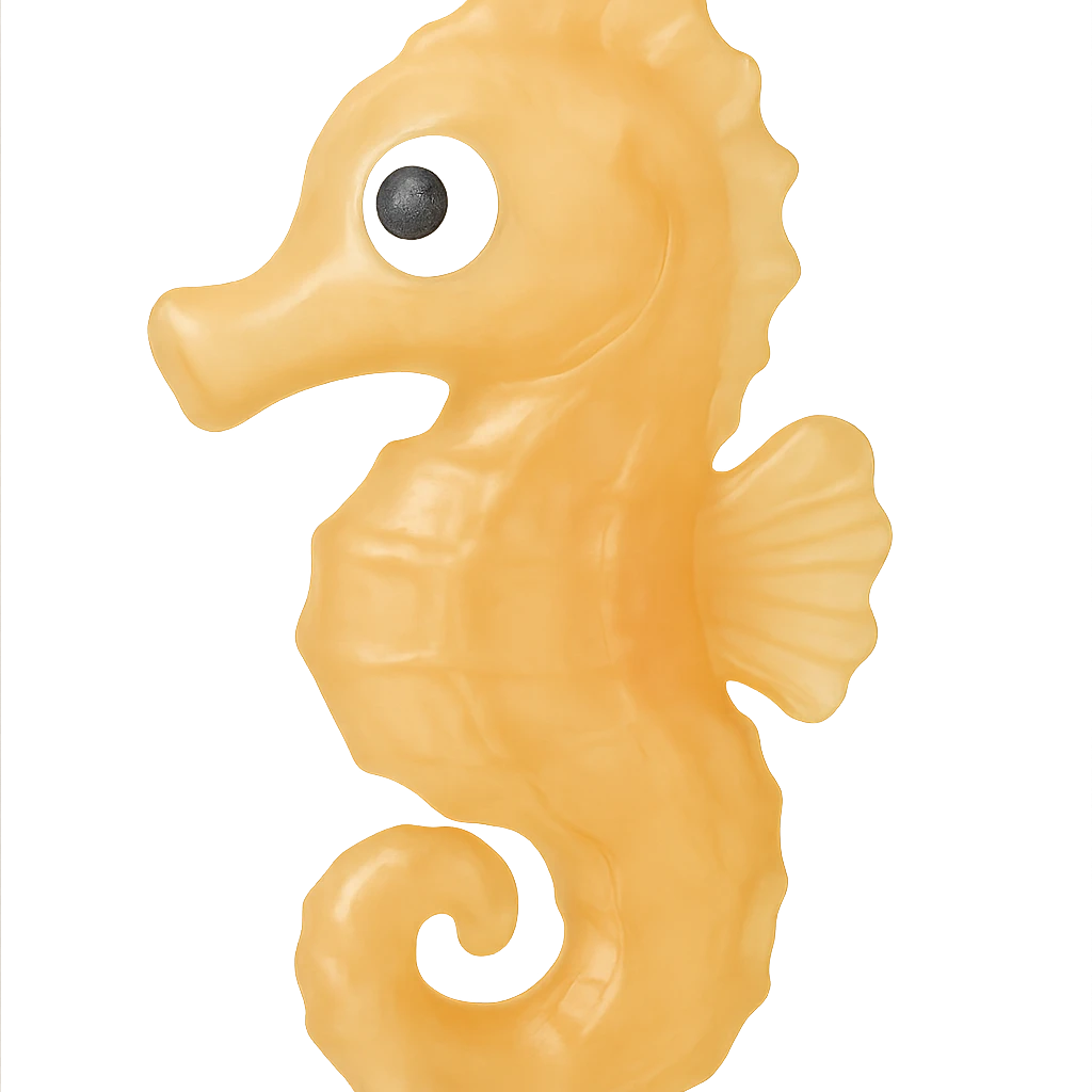 Make the seahorse even more transparent and slightly see-through, keeping the natural yellow-orange color, in a retro 90's toy style with derpy eyes, soft plastic texture, soft reflections, soft and squishy appearance, some cloudiness, not shiny, highly detailed and appealing. Remove any tags and background. emoji