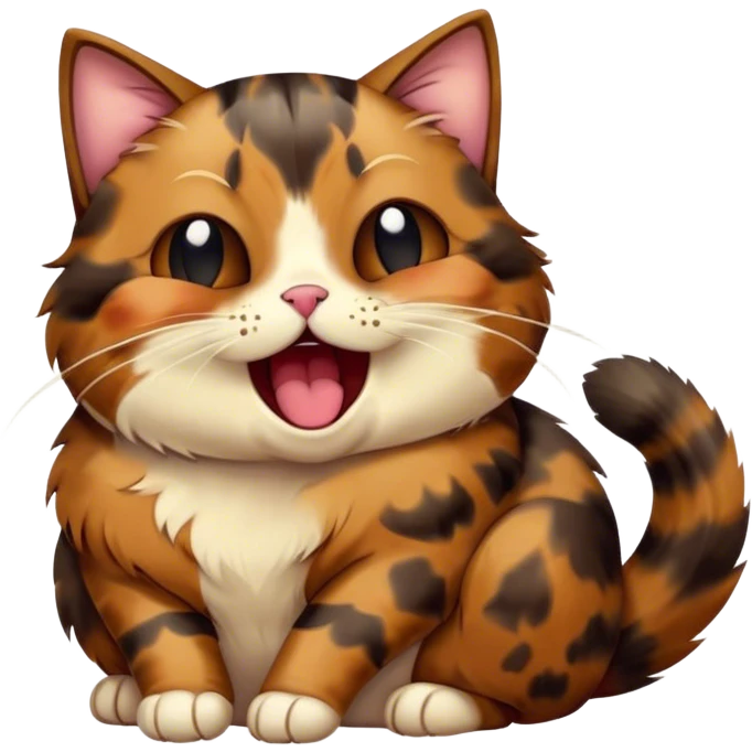 Cinematic Cute Yawning Tortoiseshell Cat Portrait Emoji, Head slightly tilted with a wide, adorable yawn and half-closed, dreamy eyes, featuring a warm, mottled fur of rich browns and blacks, simplified yet irresistibly cute, highly detailed, glowing with a soft, slumbering radiance, high shine, exuding a relaxed, drowsy charm, styled with a gentle, soft glowing outline, capturing the essence of a tortoiseshell cat in a precious moment of sleepy delight! emoji
