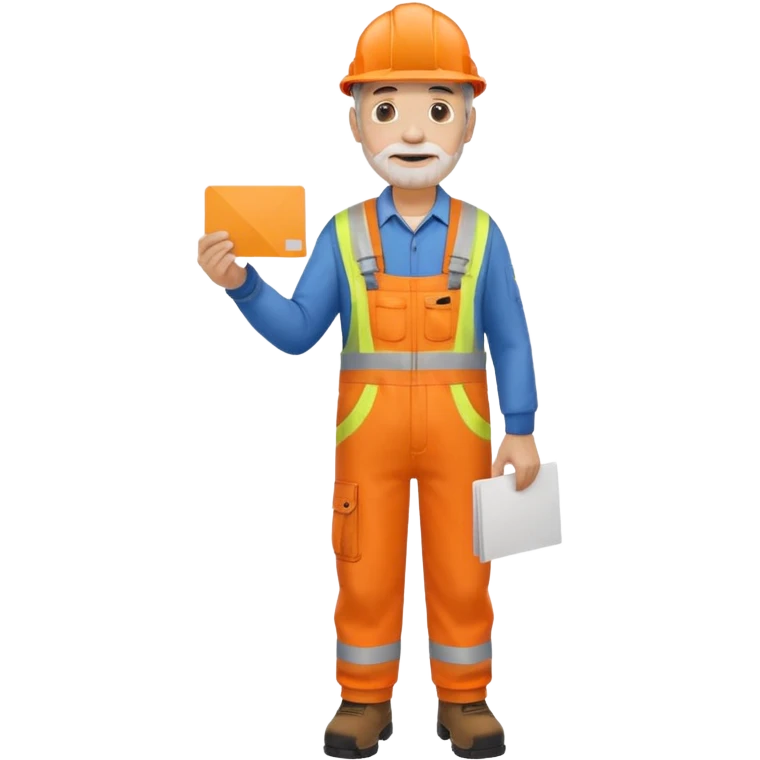 older engineer hi-vis orange overalls standing full body holding a card emoji