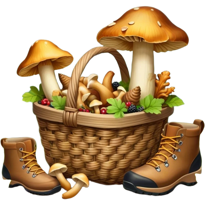 Icon for Mushroom and Berry Tourism: a basket filled with mushrooms chanterelles, boletus and aspen and berries, surrounded by forest elements like trees, leaves and a hiking boots. The icon should capture the joy of foraging in nature. Transparent background. emoji