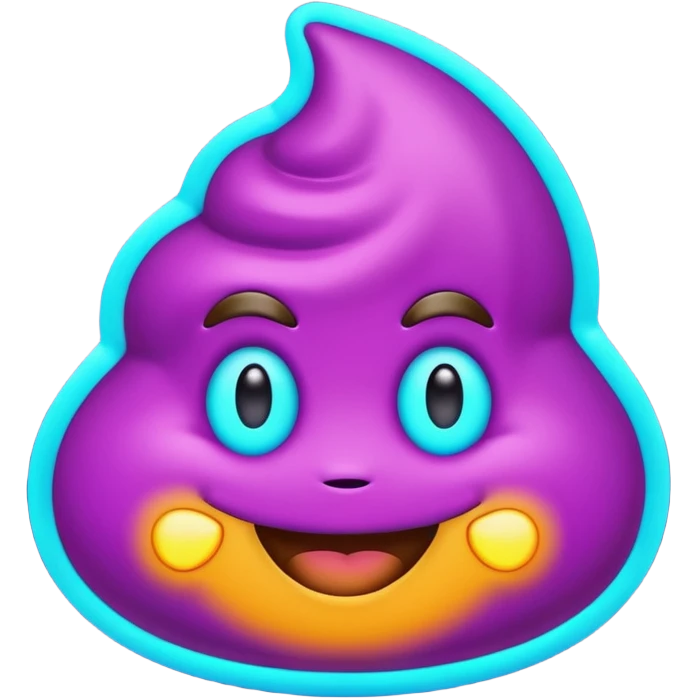 futuristic glowing poop emoji with funny smiling face, purple and cyan neon glow, dark background emoji