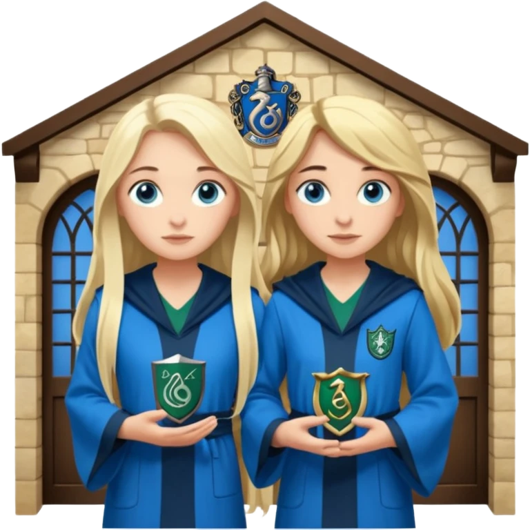 a pretty ravenclaw girl with long dark brown hair and blue eyes standing with a pretty Slytherin girl with long blonde hair, blue eyes emoji