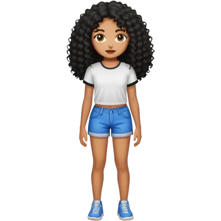 Garota emoji morena, cabelos longos cacheados pretos, short curto e top emoji