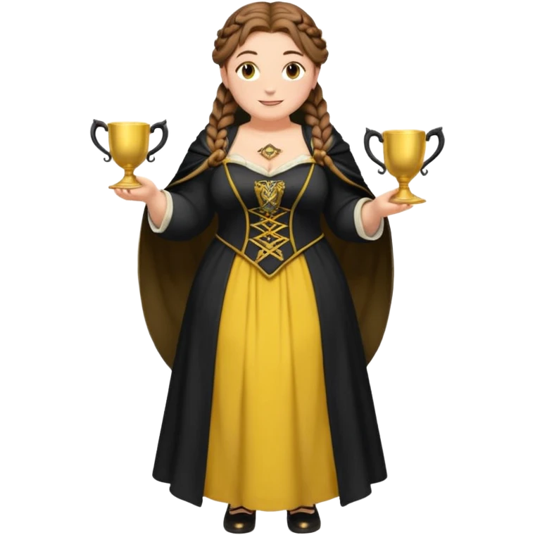 Helga Hufflepuff,brown-haired,2 braids,yellow-black medieval open dress,deep neckline,fat macromastia,black cloak decorated with gold braiding,gold cup with two handles,very kind smile,curvy busty sweet woman,round rosy cheeks,full length with medieval shoes emoji