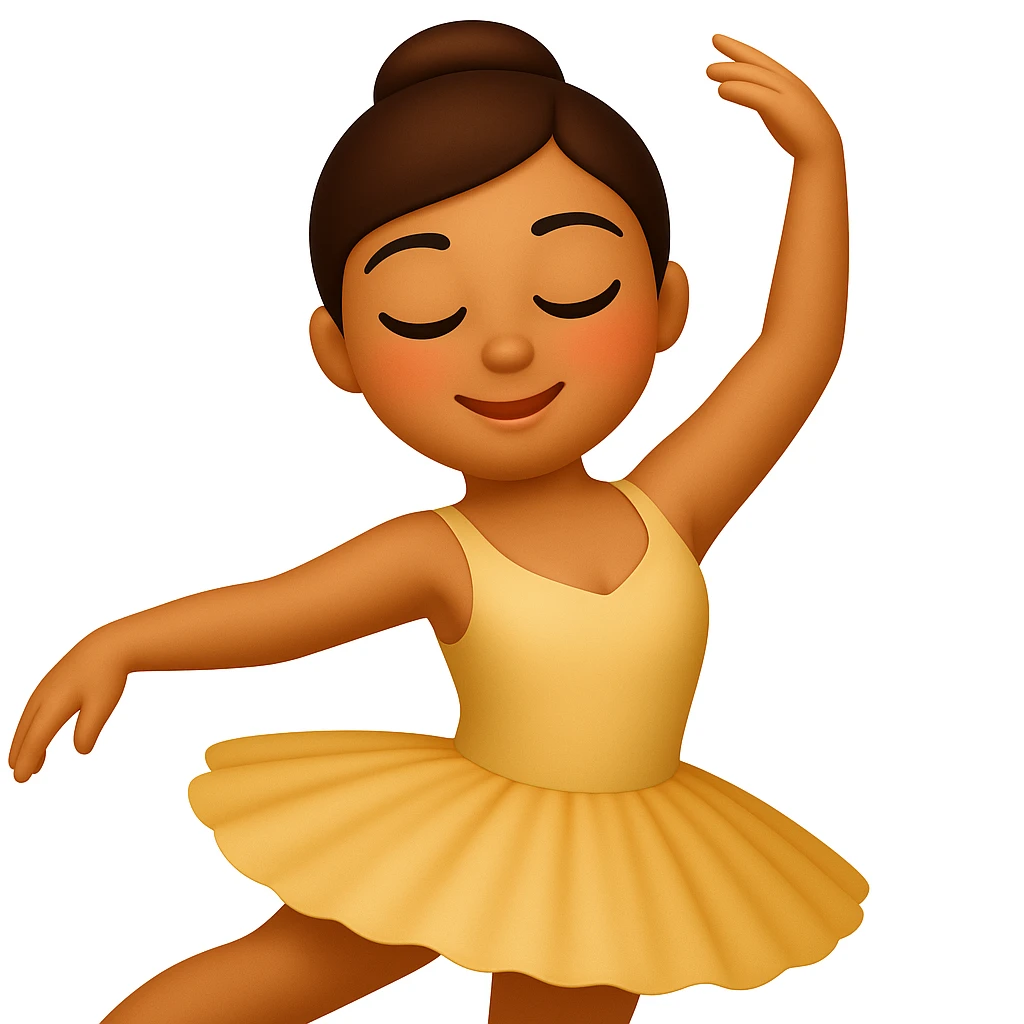 Create a ballerina emoji exactly like the reference image but without the cup head. The emoji should be in iOS emoji style, featuring a classic ballerina pose with a tutu, elegant, smooth, and shiny appearance. Add a slight blush to the cheeks of the emoji. emoji