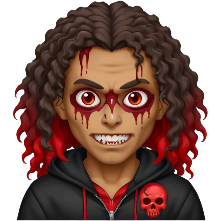 Vampire wearing black hoodie with a skull logo on it, long curly hair, brown skin, fanged teeth, blood under eye sockets/forehead, piercings on eyebrows and long curly hair with a patch (section) of red emoji