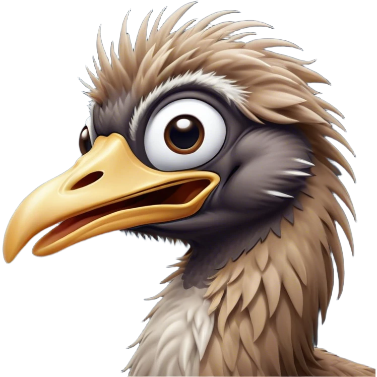 Cinematic Cute Yawning Emu Portrait Emoji, Head tilted slightly with a dramatic, wide-open yawn, showcasing a soft, downy brown plumage with gently drooping feathers and eyes barely open in drowsy contentment, Simplified yet irresistibly adorable features, highly detailed, glowing with a soft, cozy glow, high shine, relaxed yet expressive, stylized with a touch of outback charm, bright and endearing, soft glowing outline, capturing the essence of a sleepy yet affectionate emu, so drowsy it feels like it could stretch out of the screen and curl up for a nap! emoji