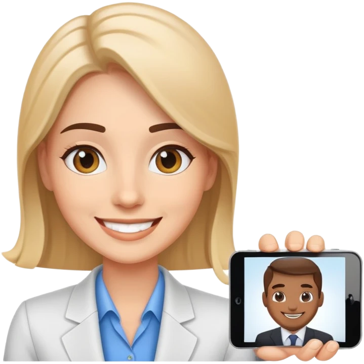 Professional salesperson smiling while on video call with client emoji