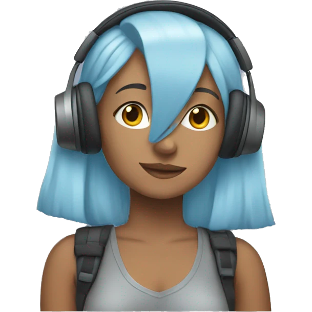 young woman with light blue hair, listening music, wearing headphones, emoji
