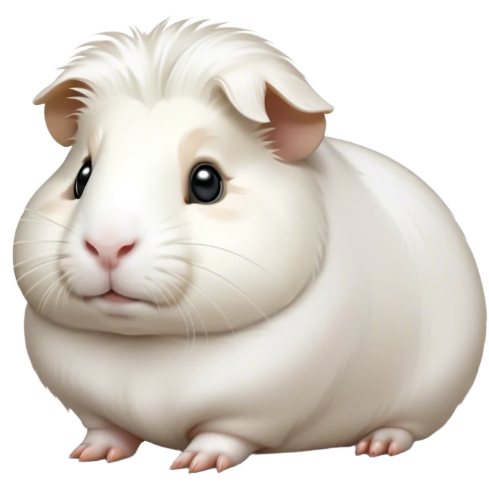 Cinematic Noble White Guinea Pig Portrait Emoji, Poised and regal, with a compact, chubby build and a pristine, well-groomed pure white fur, deep-set soulful dark eyes, Simplified yet sharp and sophisticated features, highly detailed, glowing with a soft, dignified glow, high shine, intelligent and sweet, stylized with an air of gentle purity, focused and attentive, soft glowing outline, capturing the essence of a watchful and confident little companion, so majestic it feels as though it could scurry out of the screen with effortless authority! emoji