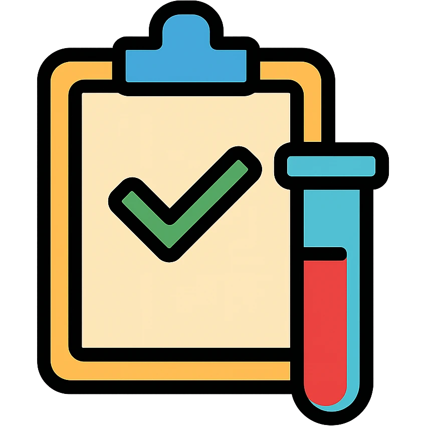 business-friendly icon for diagnostic lab approval workflow, showing a clipboard with a checkmark and test tube, modern and simple design emoji