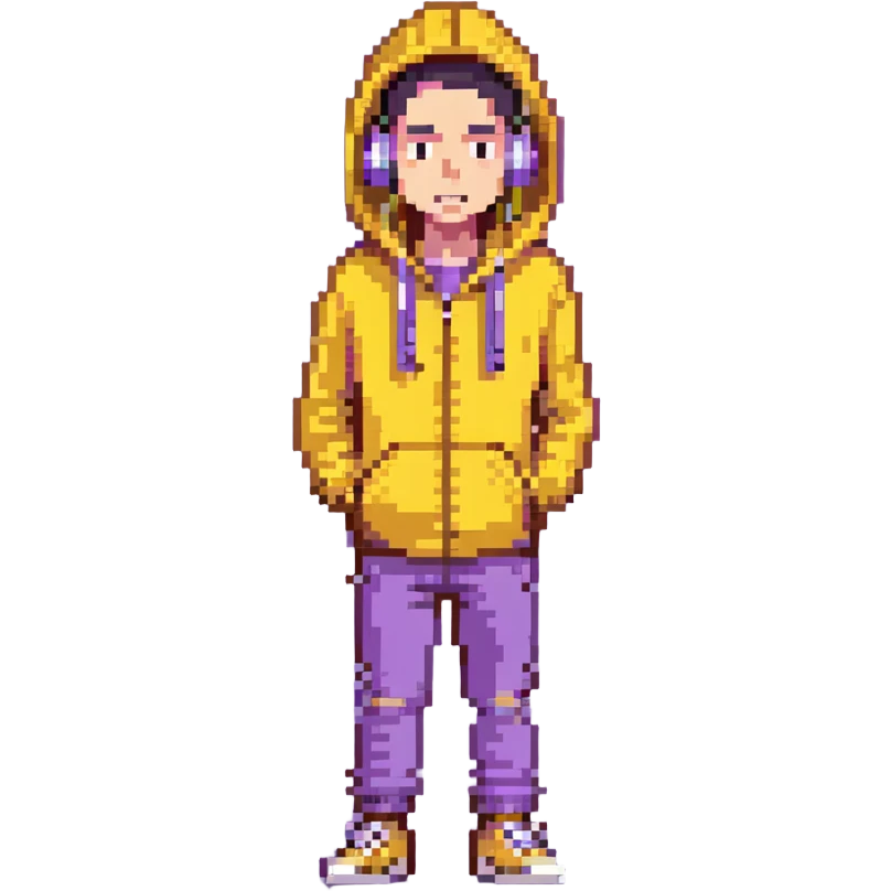 full body man, yellow hoodie, earbuds, untrusting expression, quirky proportions, head to toe emoji