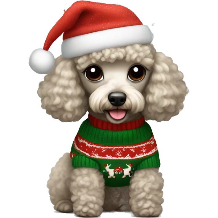 A mini poodle wearing  a Christmas sweater emoji