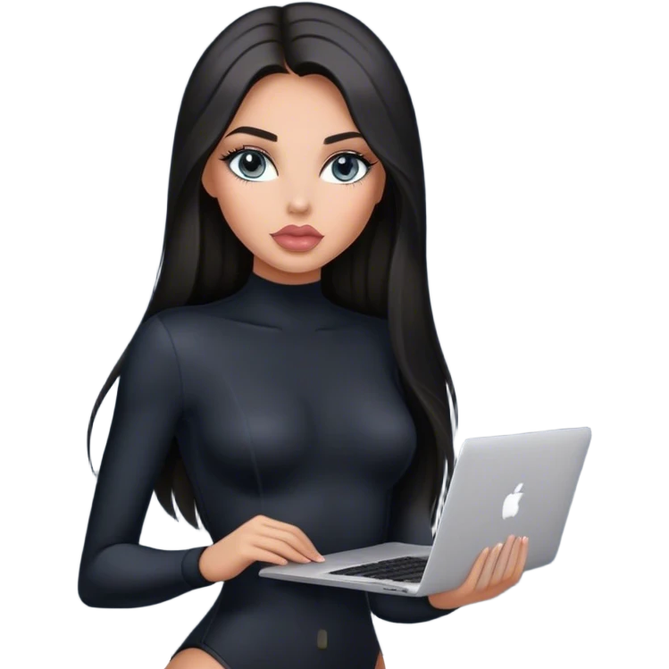 Glamours, tanned, very beautiful girl, with big pump peach-beige-rose lips, black straight smooth silky long hair, straight parting, blue-grey eyes, in black bodysuit holding MacBook emoji