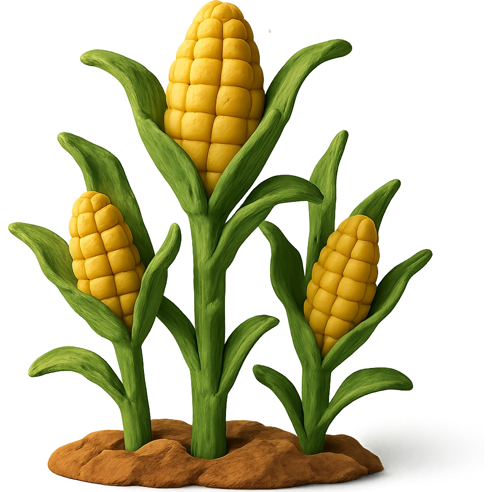 close-up of corn stalks with ears of corn, gentle sunlight, pastel background, claymation style emoji