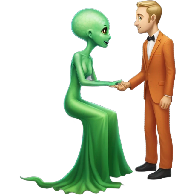 alien reptilian green skin woman, long slim pastel orange formal party satin dress with gradient shiny sparkling dark red, and caucasian man in black dres on his knees asks her to marry her emoji