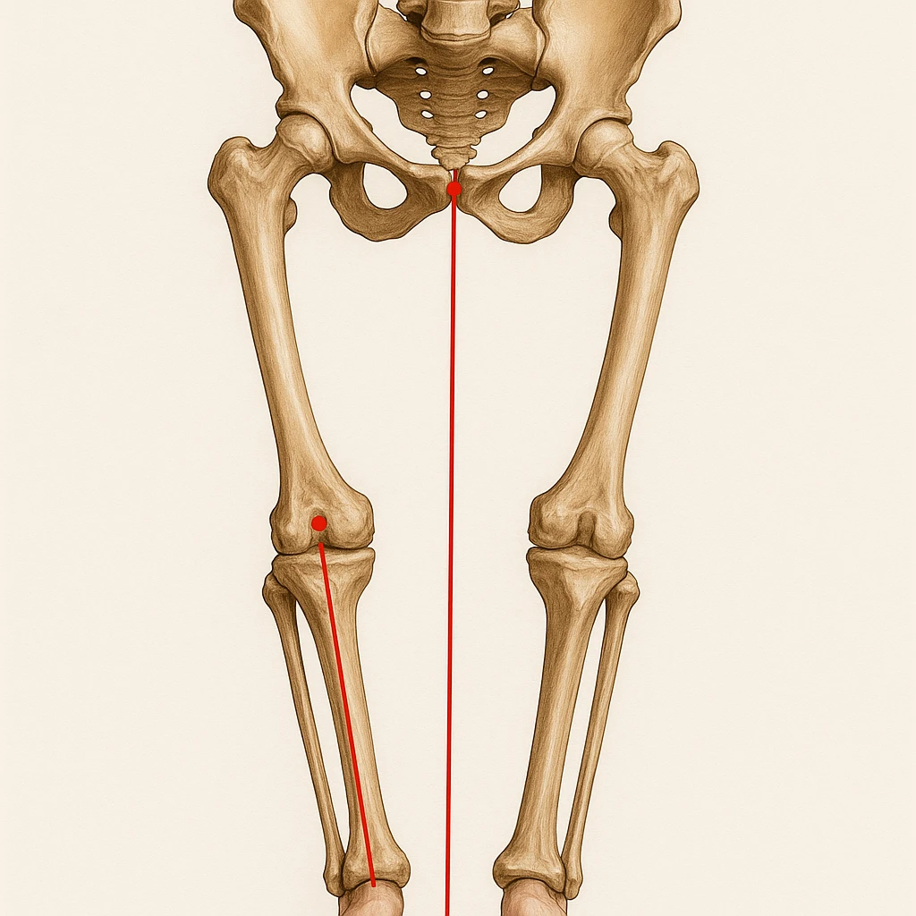Hyperrealistic anatomical illustration 4K, rear view, 1:1 proportion, varus knee (bow-legged) seen from the front, pelvis bones, femur, tibia, and fibula clearly highlighted, red mechanical axis line, realistic details, medical style, neutral background. emoji