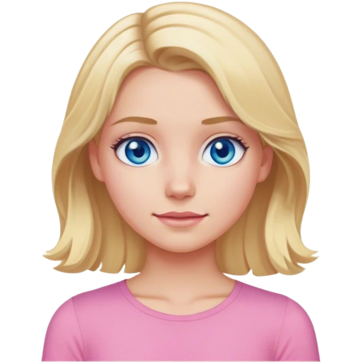 Blonde girl, middle part, slightly wavy, pink top on, blue eyes emoji