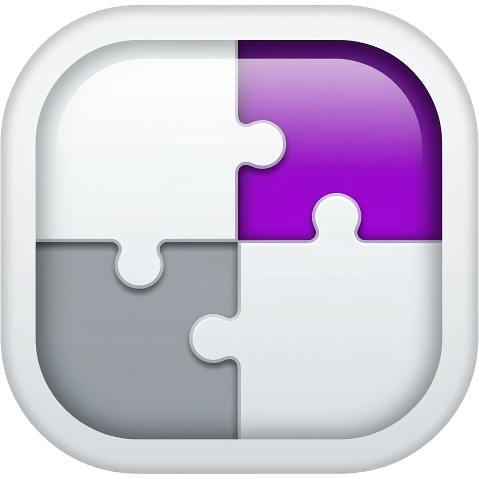 Minimalist iOS-style emoji of a 4-piece puzzle, clean and smooth design, one piece highlighted in glowing purple dotted , soft gradients, glossy finish, centered composition, neutral background emoji