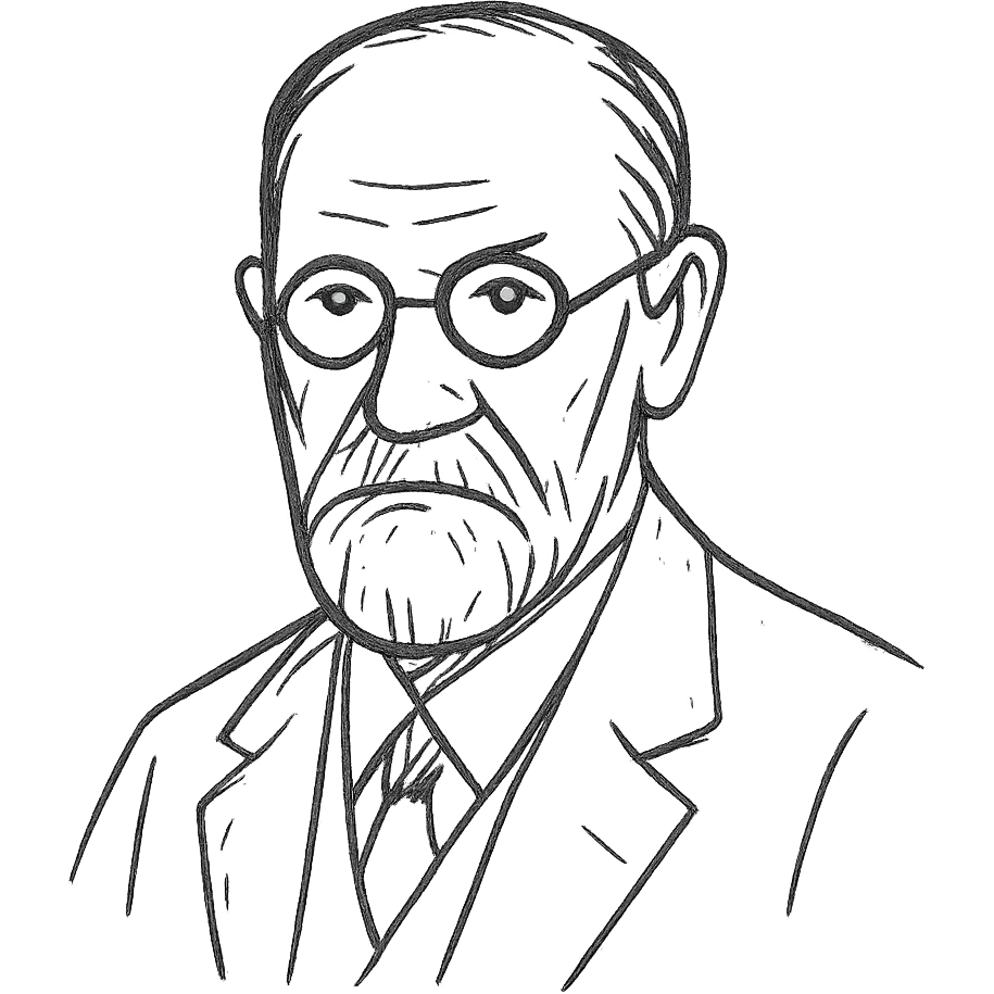 a hand drawn black outline portrait of Sigmund Freud with similar-sized eyes based a famous portrait of him emoji