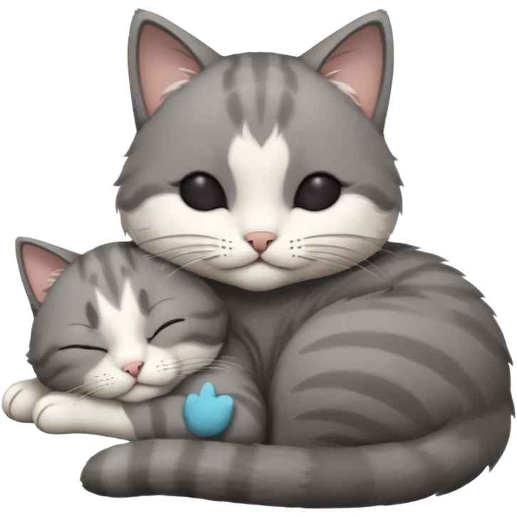 dark grey and white small cat with closed eyes, leaning his head on his paw while leaning on his elbow lying down emoji