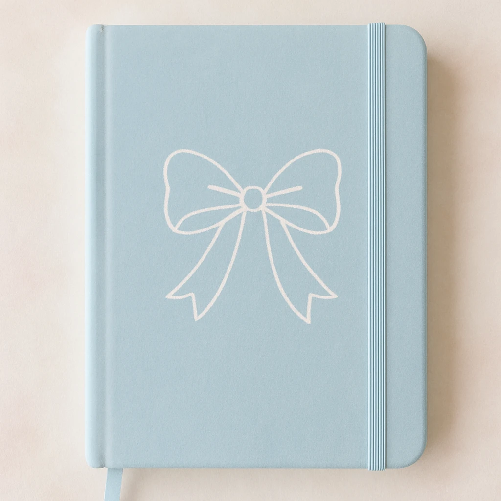 notebook with a light blue cover and a white bow illustration on the front, gentle pastel look emoji