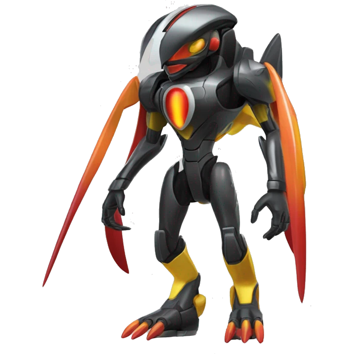 a shiny metallic black-red-orange-yellow Genesect-Flygon-Raptor-Fakémon-Medabot-hybrid with a futuristic visor-helmet full body emoji
