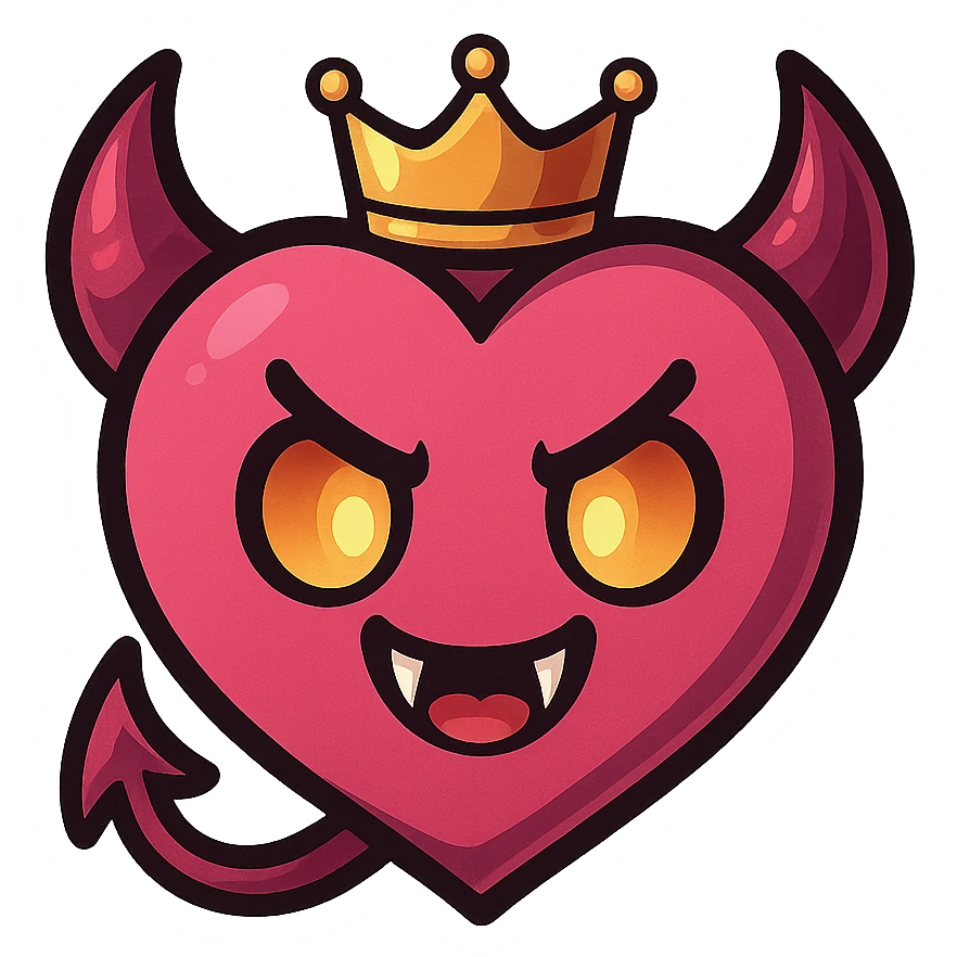 devil emoji, chibi style, pink and black colors, heart-shaped face, sharp fangs, glowing eyes, dramatic shadows, crown accessory emoji