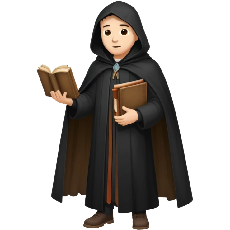 A wandering philosopher in a long black cloak with a book full height emoji