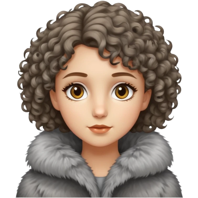 Caucasian girl with short curly hair and hazel eyes in 
gray fur-coat  emoji