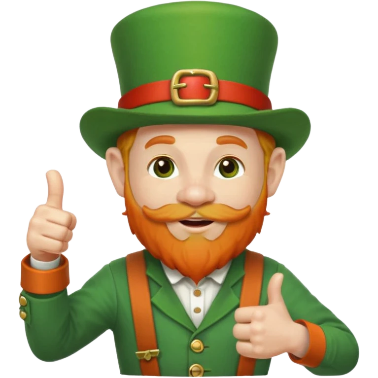 leprechaun looking up, and giving a thumbs up. on his left hand, he is holding his waist. change the hat band with orange band and a red belt. change the facial hair to white. on his mouth, he is smoking a red pipe. the pipe is on his lip. emoji