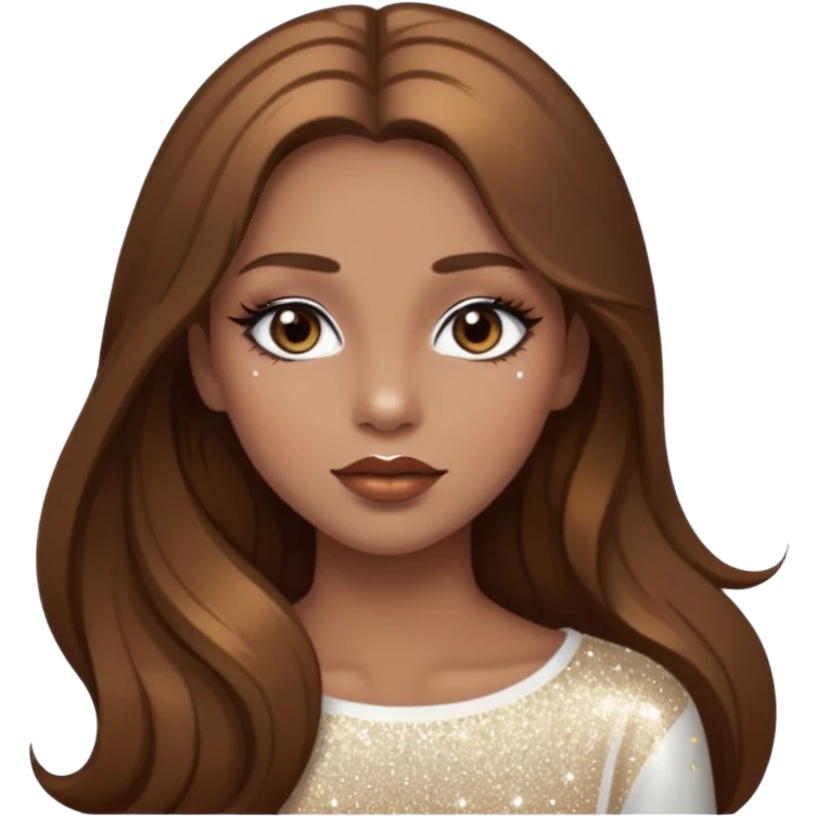 Girl with long brown hair with sparkly white eyeshadow and sparkles on face and bronze lipstick  emoji