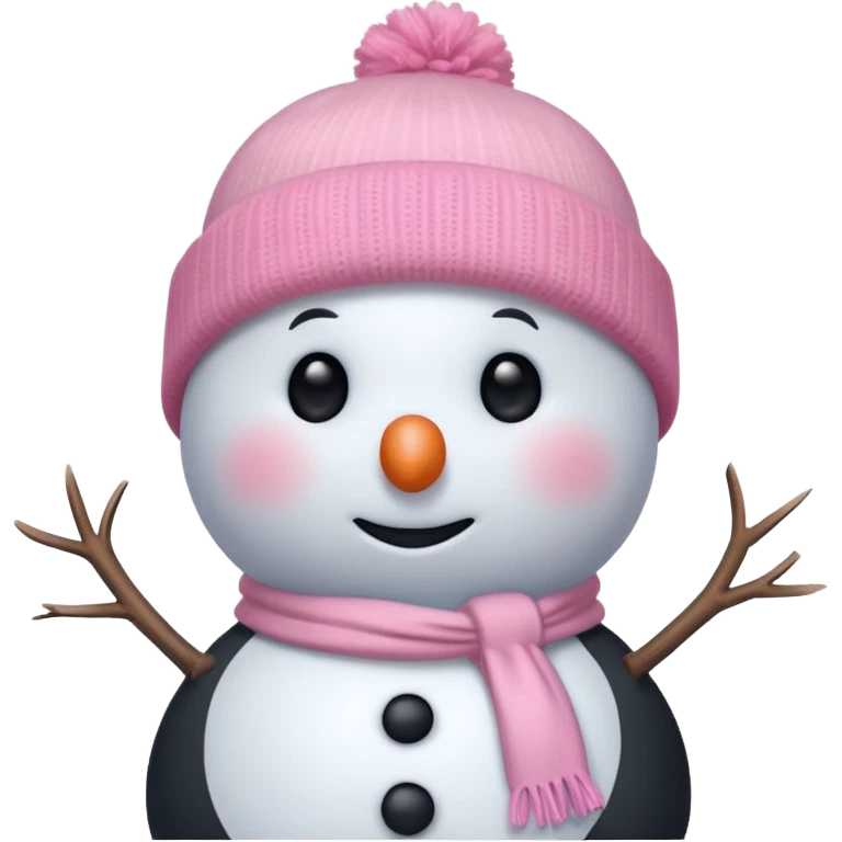 cute white and light pale pink snowman blushing, up close, pink beanie  emoji
