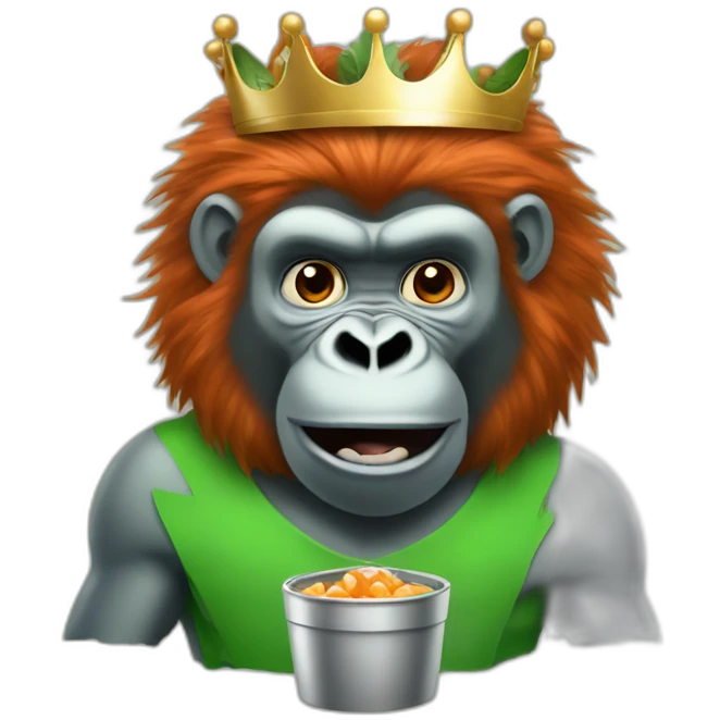 Red hair green skin silver back gorilla with a crown on eating a carrot emoji
